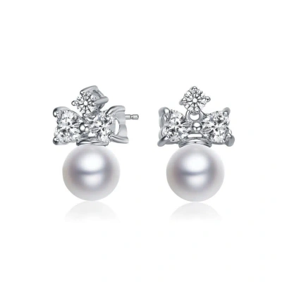 Megan Walford Sterling Silver Round Pearl With Heart And Round Cubic Zirconia Earrings In White