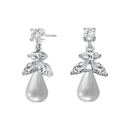 Megan Walford Sterling Silver Round Pearl With Marquise And Round Cubic Zirconia Drop Earrings In White