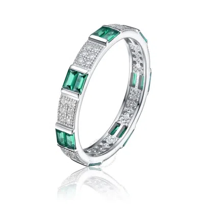 Megan Walford Sterling Silver Round With Green Baguette Cubic Zirconia Two Row Eternity Ring In Metallic