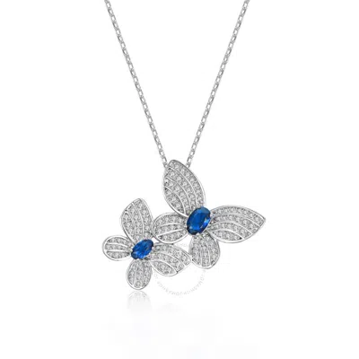 Megan Walford Sterling Silver White Gold Plated Blue Sapphire & Cubic Zirconia Double Fluttering But In Metallic