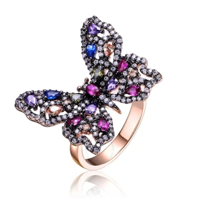 Megan Walford Sterling Silver With Black And Rose Gold Plated Multi Color Cubic Zirconia Butterfly R In Multi-color