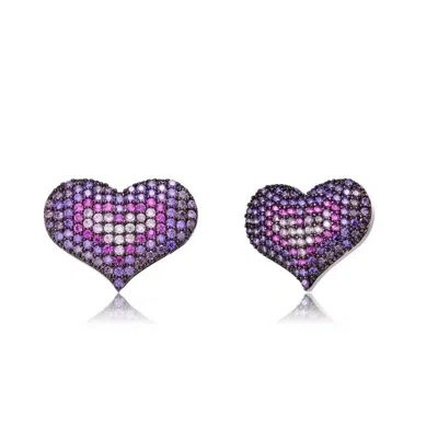 Megan Walford Sterling Silver With Black Plated Multi Colored Round Cubic Zirconia Heart Earrings In Purple