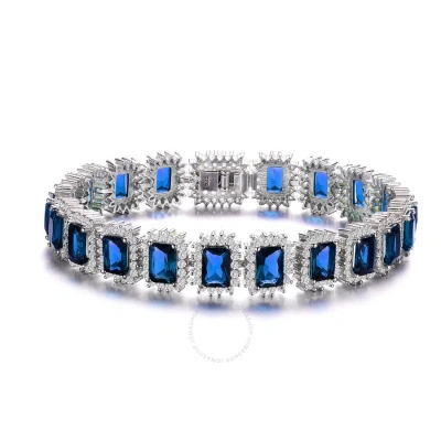 Megan Walford Sterling Silver With Blue Sapphire & Diamond Cubic Zirconia Rectangular Halo Cluster L