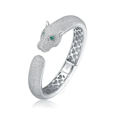 Megan Walford Sterling Silver With Emerald & Diamond Cubic Zirconia Hinged Open Cuff Bangle Bracelet In White
