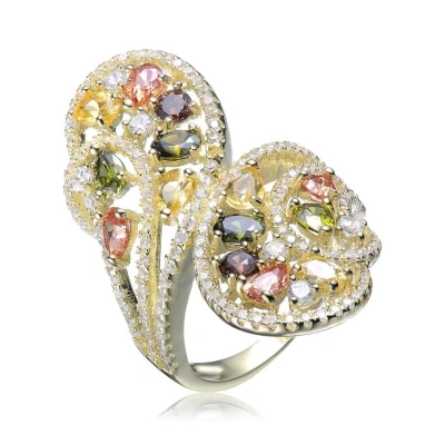 Megan Walford Sterling Silver With Gold Plated Multi Colored Cubic Zirconia Swirl Bypass Ring In Gold-tone