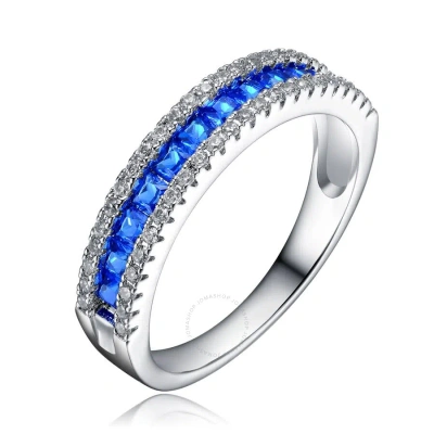 Megan Walford Sterling Silver With Rhodium Plated And Sapphire Cubic Zirconia Band Ring In Blue
