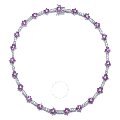 Megan Walford Sterling Silver With Ruby & Diamond Cubic Zirconia Flower Cluster Bar Link Tennis Neck In Purple