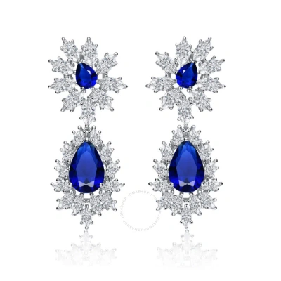Megan Walford Sterling Silver With White Gold Plated Emerald Cubic Zirconia Drop Earrings In Blue