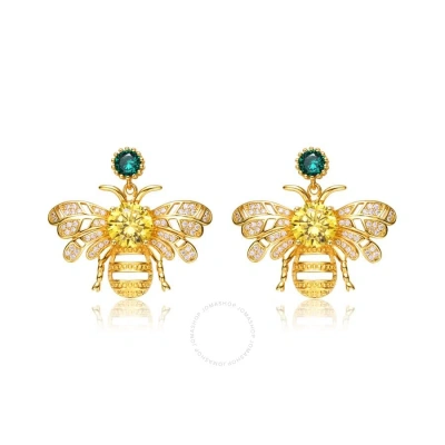 Megan Walford Sterling Silver14k Gold Plated Yellow Cubic Zirconia Bee Stud Butterfly Earrings In Green