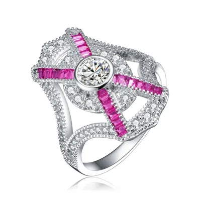 Megan Walford Stylish Sterling Silver Princess Pink Cubic Zirconia Cubic Zirconia Cocktail Ring In Metallic
