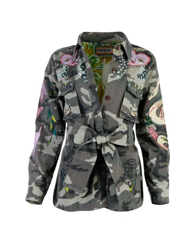 Meghan Fabulous Women's Green Mystical Goddess Embroidered Camo Jacket