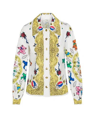 Meghan Fabulous Women's White / Gold Grateful Dead Fabulous Button Down Scarf Blouse In White/gold