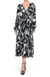 Meghan La Lilypad Surplice Long Sleeve Wrap Midi Dress In Black
