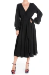 Meghan La Long Sleeve Faux Wrap Midi Dress In Black