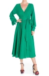 Meghan La Long Sleeve Faux Wrap Midi Dress In Emerald