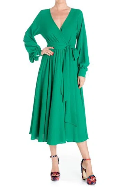 Meghan La Long Sleeve Faux Wrap Midi Dress In Emerald