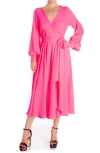Meghan La Lilypad Surplice Long Sleeve Wrap Midi Dress In Neon Pink