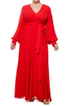 Meghan La Long Sleeve Solid Wrap Maxi Dress In Cherry