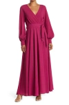 Meghan La Long Sleeve Solid Wrap Maxi Dress In Cranberry
