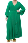 Meghan La Long Sleeve Solid Wrap Maxi Dress In Emerald