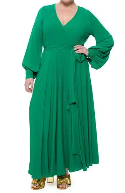 Meghan La Long Sleeve Solid Wrap Maxi Dress In Emerald