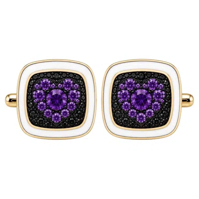 Pre-owned Meghna Jewels Amethyst Birthstone Heart Cufflinks White Enamel 14k Gold By