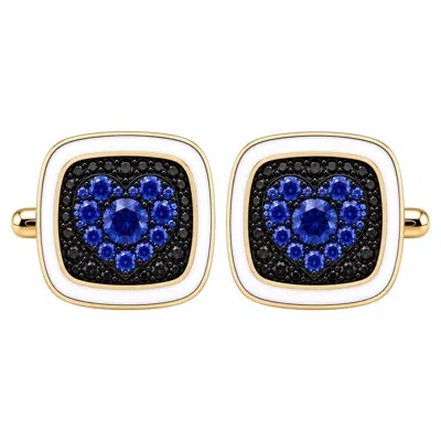 Pre-owned Meghna Jewels Blue Sapphire Birthstone Heart Cufflinks White Enamel 14k Gold By Meghna