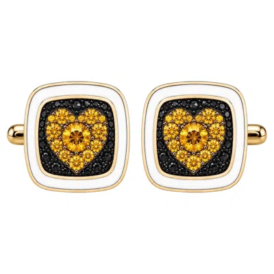 Pre-owned Meghna Jewels Citrine Birthstone Heart Cufflinks White Enamel 14k Gold By