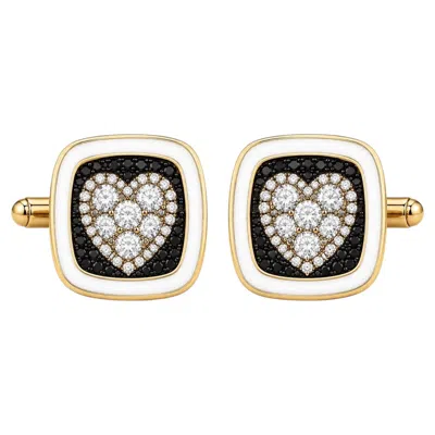 Pre-owned Meghna Jewels Diamond Birthstone Heart Cufflinks White Enamel 14 Karat Gold By
