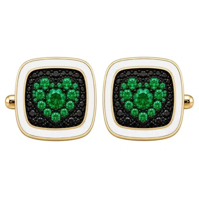 Pre-owned Meghna Jewels Emerald Birthstone Heart Cufflinks White Enamel 14k Gold By