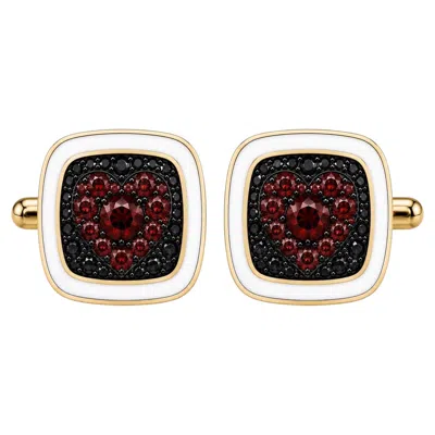 Pre-owned Meghna Jewels Garnet Birthstone Heart Cufflinks White Enamel 14k Gold By