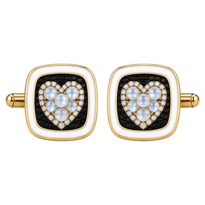 Pre-owned Meghna Jewels Moonstone Birthstone Heart Cufflinks White Enamel 14k Gold By
