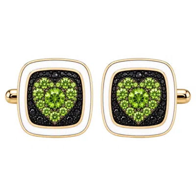 Pre-owned Meghna Jewels Peridot Birthstone Heart Cufflinks White Enamel 14k Gold By