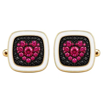Pre-owned Meghna Jewels Ruby Birthstone Heart Cufflinks White Enamel, 14 Karat Gold By