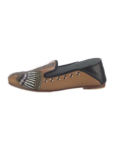 Pre-owned Meher Kakalia Leather Graphic Print Loafers In Brown