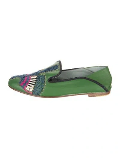 Pre-owned Meher Kakalia Leather Graphic Print Loafers In Green