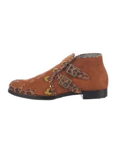 Pre-owned Meher Kakalia Suede Animal Print Boots In Brown