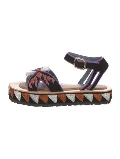 Pre-owned Meher Kakalia Suede Graphic Print Sandals In Black