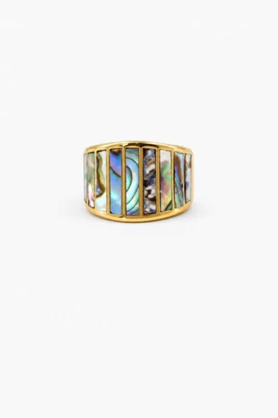 Meideya Striped Mother Of Pearl Ring In Gold With Abalone