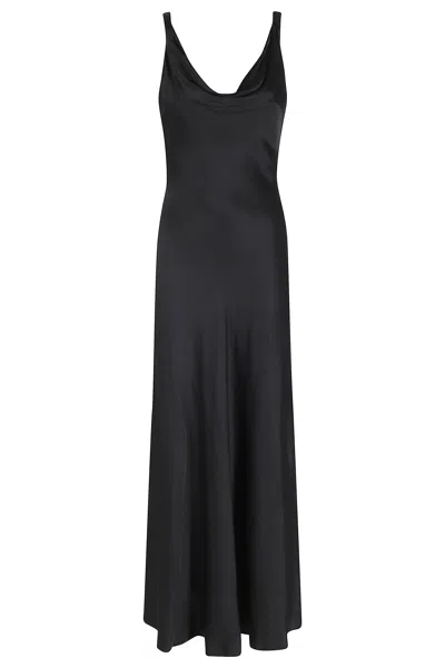 Meimeij Black Draped Satin Drawstring Viscose Midi Dress
