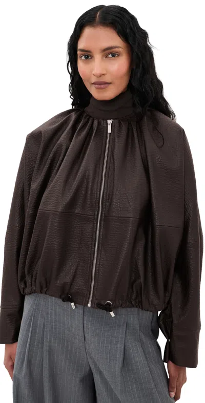 Meimeij Blouson Cinched Bottom Sustainable Bubble Faux Leather Jacket Coffee In Brown