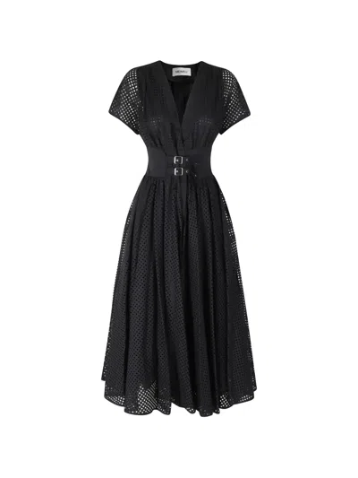 Meimeij Broderie-anglaise Buckled-waist Midi Dress In Black