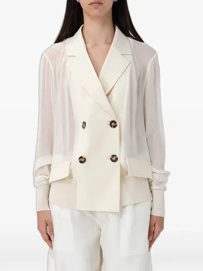 Meimeij Double-breasted Sheer-panel Blazer In White