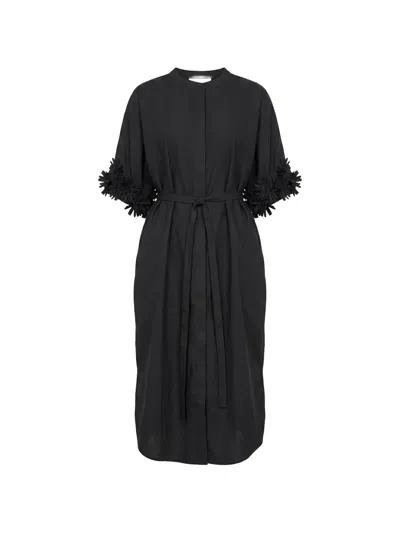 Meimeij Floral-appliqué Belted Midi Dress In Black