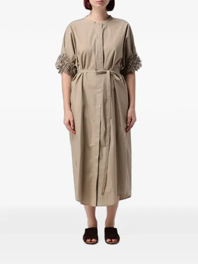 Meimeij Fringed-sleeve Belted Dress In Neutral