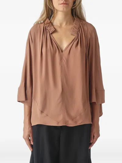 Meimeij Gathered V-neck Blouse In Brown
