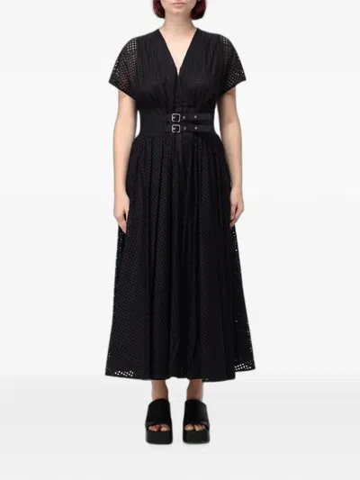 Meimeij Perforated Belted Midi Dress In Black