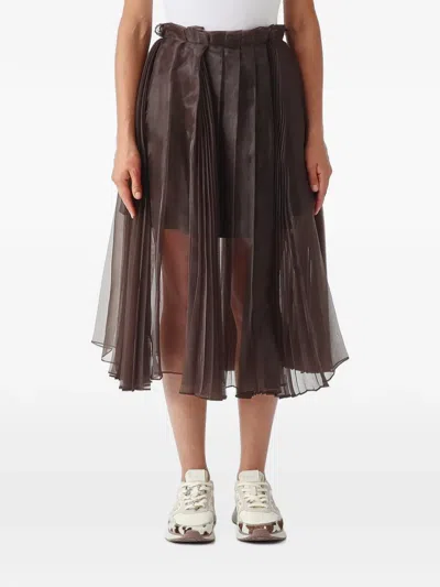 Meimeij Pleated Sheer Midi Skirt In Brown