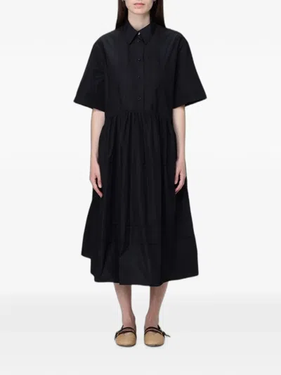 Meimeij Pleated-bib Tiered Shirt Dress In Black