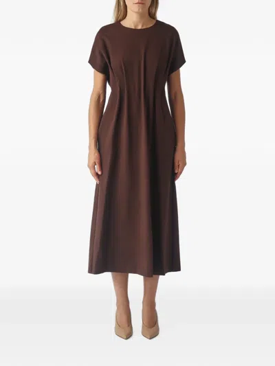 Meimeij Pleated-waist Short-sleeve Midi Dress In Brown